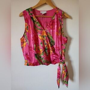 Cupcakes & Cashmere Hot Pink Tropical Floral Sleeveless Top w/ Side Tie Size Lg